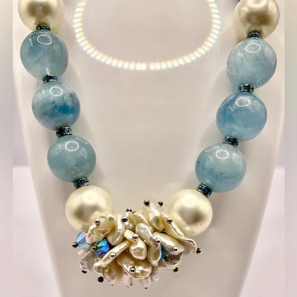 Gorgeous Aquamarine Beaded Necklace Fresh Water Pearls Crystal Spacers 925 - Picture 6 of 11